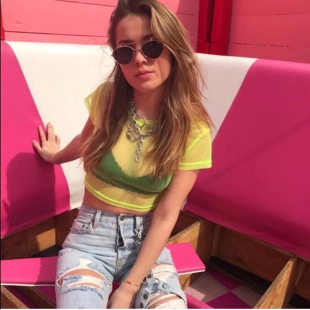 LF Emma & Sam Power Mesh Crop Tee Neon Lemon Yellow XS New - Picture 6 of 7